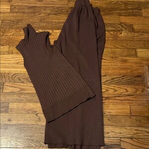 Brown Sleeveless Knit Top and Pants Set